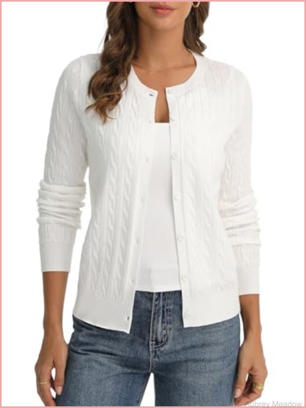 Women's Cable Knit Cardigan Lightweight Button-Up Crew Neck Sweater
